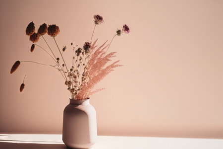 Beautiful flowers composition with shadow. Dry pink rabbit tail flower in vase against white wall with hard shadows. Floral minimal home interior design conceptの素材
