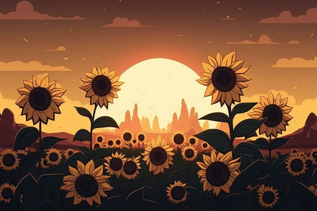 Beautiful sunrise on sunflower fieldの素材