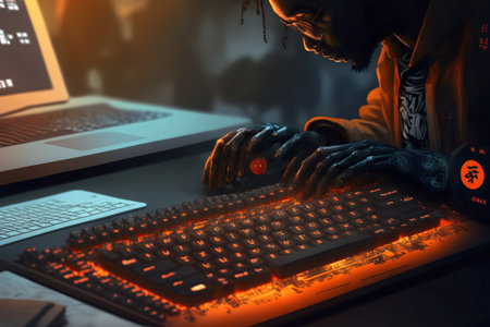 Black and orange programming code is typed on the keyboard by an African American IT developer while using a laptop and a computer in a modern office settingの素材