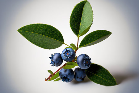 Bilberry on its own. White with bilberry. Bilberries on a branch with a leaf. with a white background and a top viewの素材