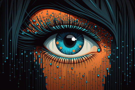 Binary stream concept background with female eyeの素材