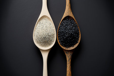 Black and white sesame seeds are displayed on a wooden spoonの素材
