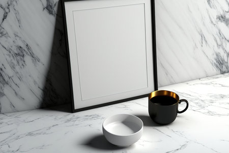 Black books and a cup of coffee are next to a white blank poster in a black frame on a marble floor. Mockupの素材