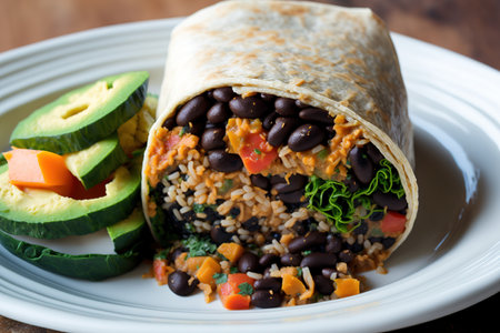 Black beans, rice, and a variety of vegetables make up this vegan burrito. tasty Mexican cuisineの素材