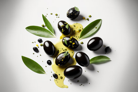 Black olives in flight on a white background, closeupの素材
