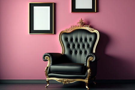 Black leather recliner, empty classic frames, fading gold busts, and gold wall lights are included in the interior design concept for a pink wallの素材