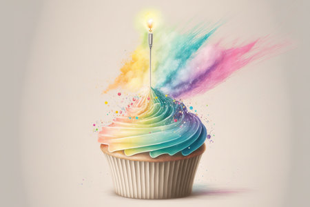 Birthday cupcake in pastel rainbow colors with sparklersの素材