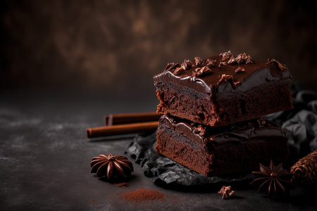 Black backdrop with chocolate icing on chestnut flavored brownies. toning. selective Focusの素材