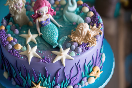 Birthday cake with mermaids on a purple backgroundの素材