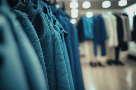 Blue skirts, pants, and sweaters are hung inside the clothes storeの素材