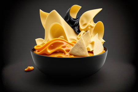 Black bowl filled with a variety of nacho chips and melted cheese sauces. looking upの素材