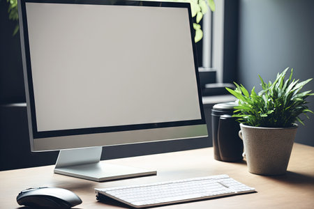 Blank computer screen on office deskの素材