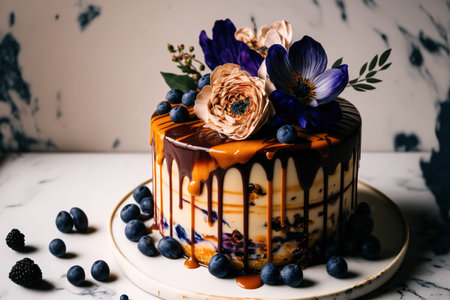 Blueberry, almond, and caramel wedding cake on a marble tableの素材