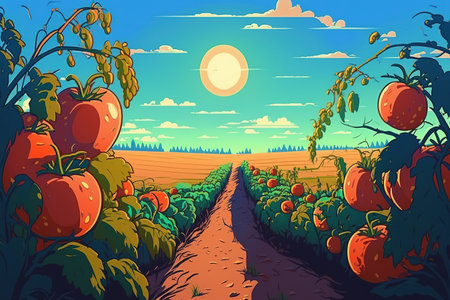 Blue sky in sunset time over green field with tomato bushes. South Ukraine agriculture fieldの素材