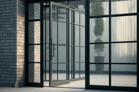 believable glass entrance. Set of modern glass entrance doors, steel frame office or retail store doors, and doors that open and close. a glass entrance door with no one insideの素材