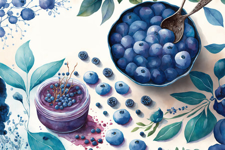 Blueberry themed artistic layout with a watercolor backdrop. Lay flat. notion of foodの素材