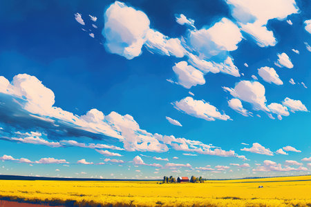 Blue sky and a yellow field. sweeping panoramaの素材
