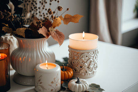 beautiful autumn home decor with burning candles in white interiorの素材