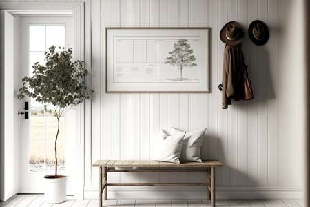 Blueprint unfinished project draft, scandinavian hallway with frame mockup. Wooden bench and coat rack. Farmhouse interior design, 3d illustrationの素材