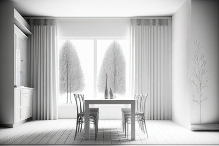 Blueprint unfinished project draft, minimalist contemporary wooden dining room with table and chairs, curtains and parquet floor. Mockup with copy space. Modern style, 3d illustrationの素材