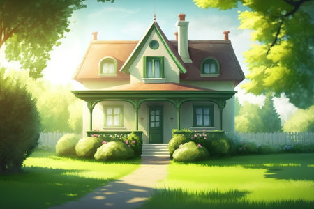 Blurred view of beautiful house with green lawn on sunny dayの素材