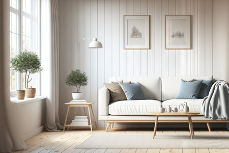 Blurred background, scandinavian vintage living room. Fabric sofa and parquet, decors and wall mockup. Farmhouse interior design, 3d illustrationの素材