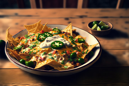 Bowl of nachos with jalapenos for a snackの素材