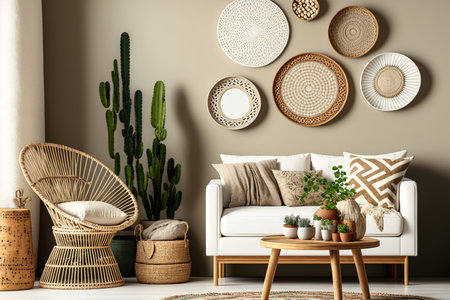 Bohemian and minimal living room design with rattan basket, macrame, abstract backdrop walls, wooden retro commode, vase with flowers, and fine accents. modern interior design. Templateの素材