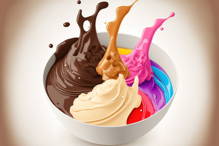 Bowl with chocolate sauce and variously colored ice cream isolated on a white backdrop. from the apexの素材