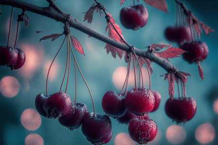 Blurred backdrop with a close up of delicious dark red cherries dangling from a cherry tree branchの素材