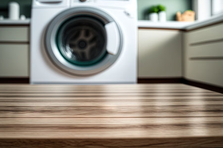 Blurred washing machine background and close up wooden table styleの素材