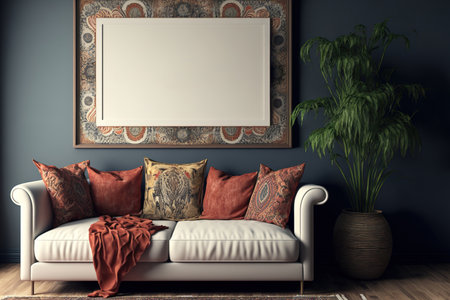 Bohemian style living room background with mock up poster frameの素材