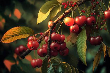 Branch of cherries that are ripe on a garden treeの素材