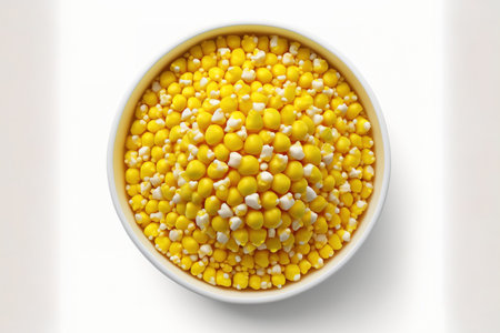 Bowl of sweet corn, top view, isolated on whiteの素材