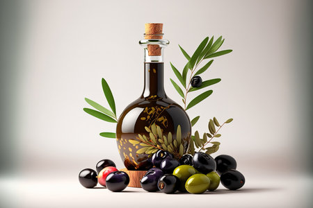 Bottle with ripe olives and oil on a white backdropの素材