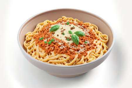 Bolognese pasta in a gray bowl, isolated on a white background. An iconic dish in Italian cuisine is bolognese sauce. favored Italian cuisineの素材