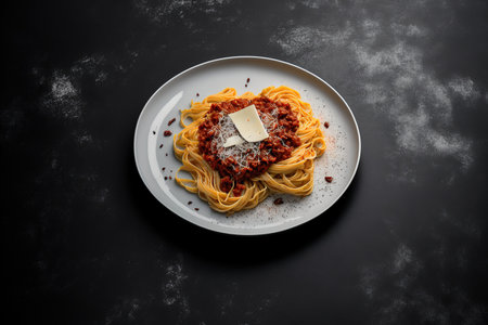 Bolognese pasta on a white plate with a gray background. An iconic dish in Italian cuisine is bolognese sauce. favored Italian cuisineの素材