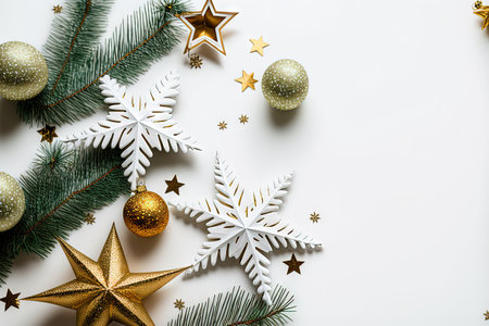 Branches of a Christmas tree decorated with toys on a white background with golden glitter. Top viewの素材