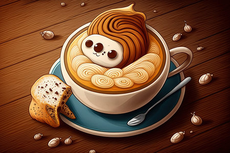 Bread and coffee latte art in a cafeの素材