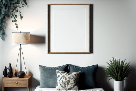 Bohemian interior design with a template for art. Interior design mockup of a picture frame on a white wall. Interior in a contemporary rustic design with a template for a poster. Blank frame mockup wの素材