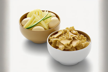Bowls of pickled ginger and wasabi on a white backgroundの素材