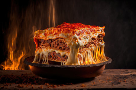 Bolognese lasagna cooked in a wood ovenの素材