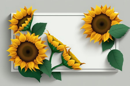 Border of sunflowers isolated on grey background with copy space as concept of healthy lifestyle or proper nutrition for advertising banner, label, poster, postcard, invitation, sticker, etcの素材