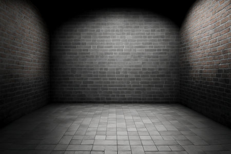 Brick walls and a tiled floor surround an empty space. a gloomy backgroundの素材