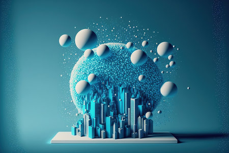Bright blue and white color particles make up the city wireframe and bright digital tablet as well as the rising sphere particle line. Concept of digital technology and communicationの素材