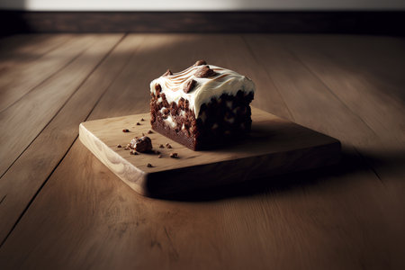 Brown brownie on a table made of white woodの素材
