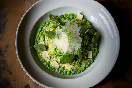 Broad bean, green pea, and pea shoot risottoの素材