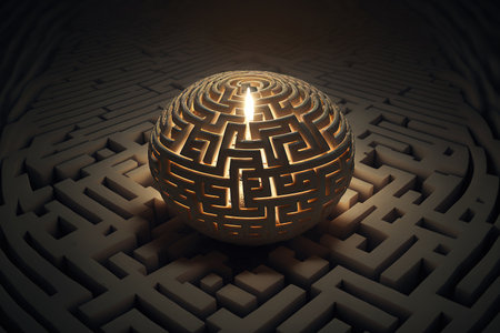 Brain maze concept idea for success in thinking and creativity. Conceptual art that is bizarre. a lightbulb within a mazeの素材