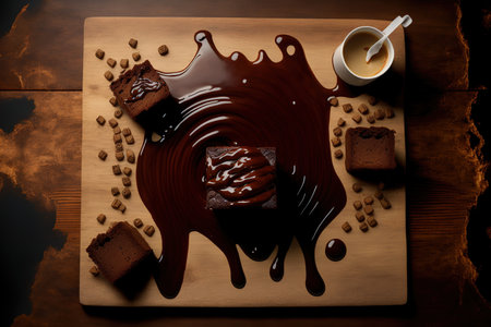 Brownie chunks on a wooden board with melted chocolate sauce flowing on top. coffee and chocolate brownie on woodの素材