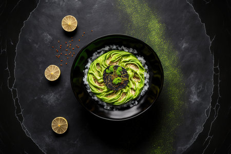 Bowl with wasabi against a background of black concrete, top viewの素材